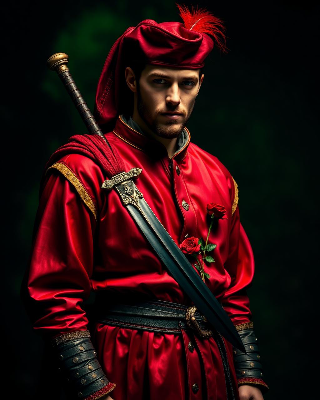 Will Scarlet — a fictional medieval outlaw in a scarlet silk tunic with a broadsword and red rose