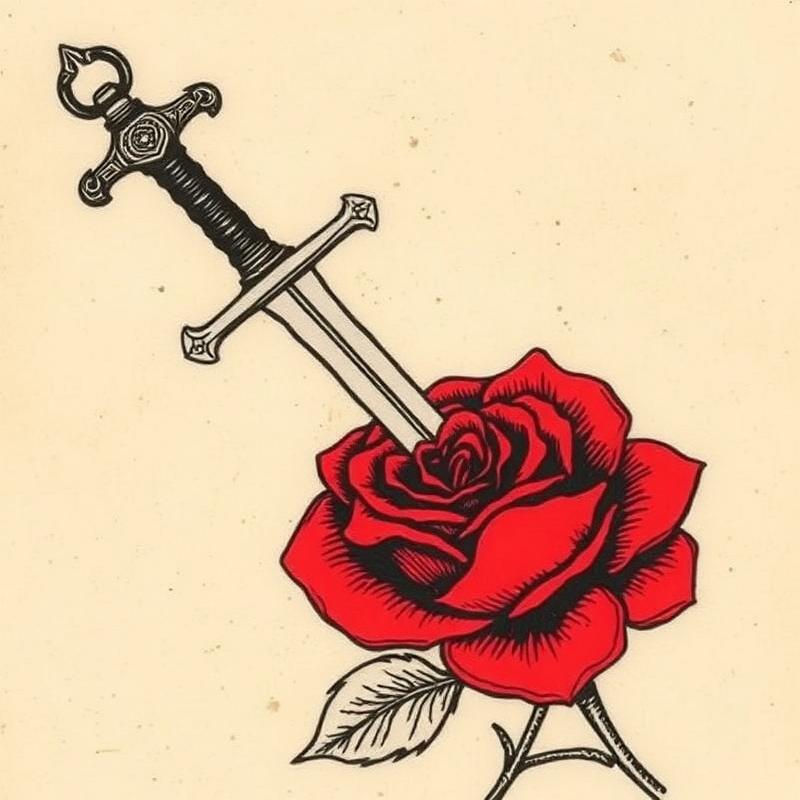 Woodcut illustration of a scarlet rose pierced by a broadsword