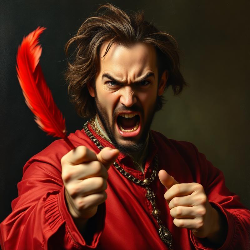 Renaissance oil painting of an outlaw mid-rage, red feather flying