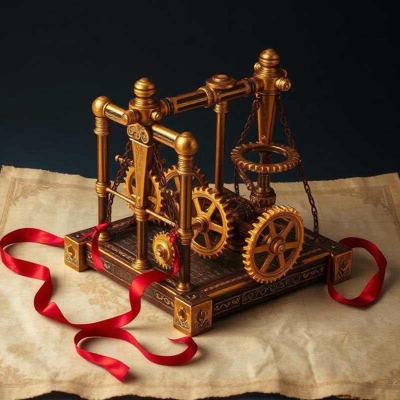 Ornate mechanical trap of gold gears and red silk on parchment